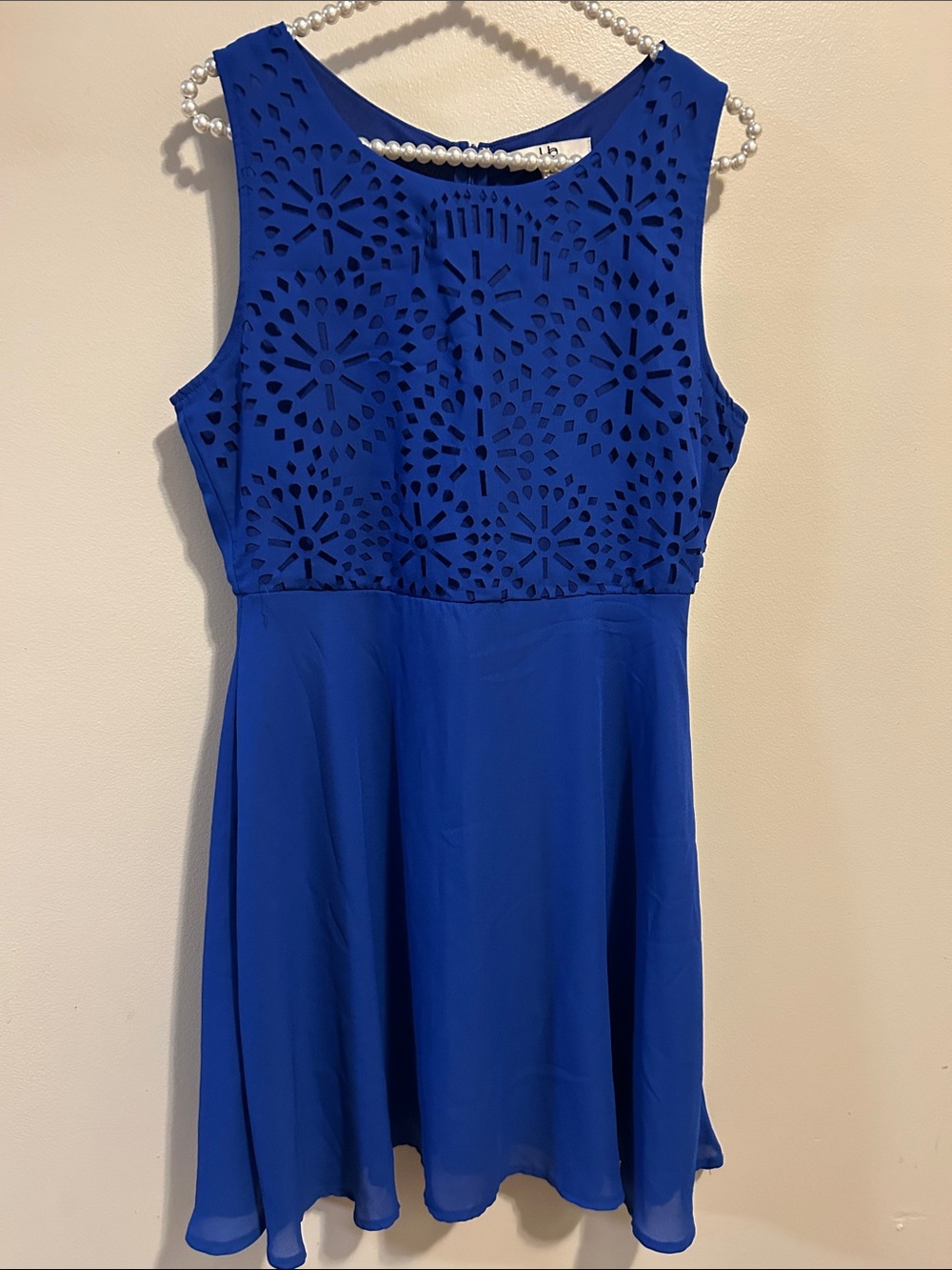 Ya Los Angeles Royal Blue Laser Cut Eyelet Sleeveless Skater Dress L